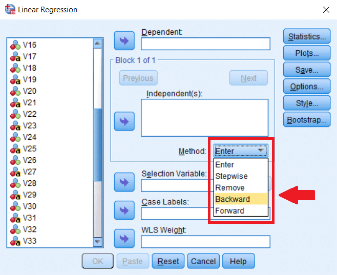 How to choose a variable selection method in SPSS
