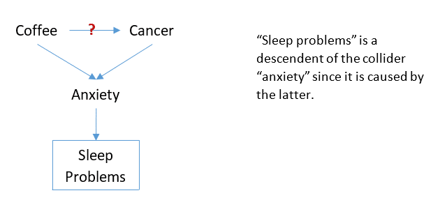 Causal diagram representing sleep problems as a descendent of the collider anxiety