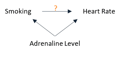 Representation of adrenaline level as the common cause of both smoking and heart rate