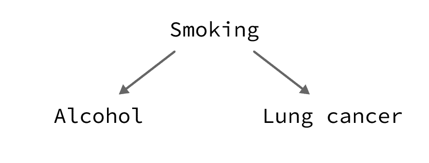 Causal diagram representing the confounding effect of smoking on alcohol and lung cancer