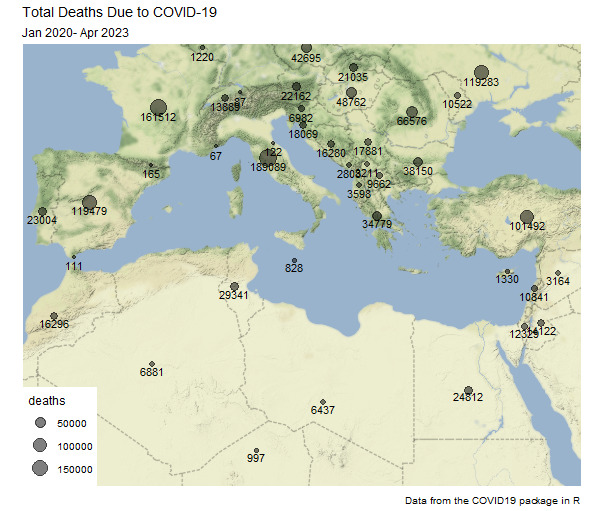 COVID-19 data plotted on a map using ggmap